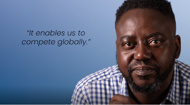 Image of a man with the text overlaid, "It enables us to compete globally."