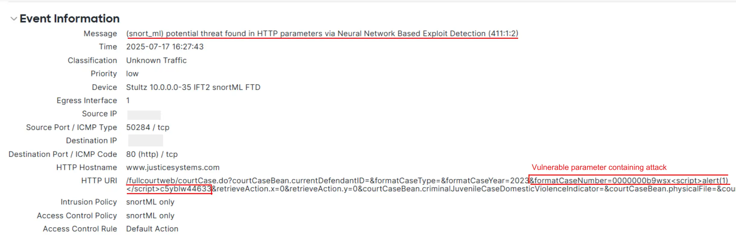 FMC event log showing the XSS attack blocked by SnortML