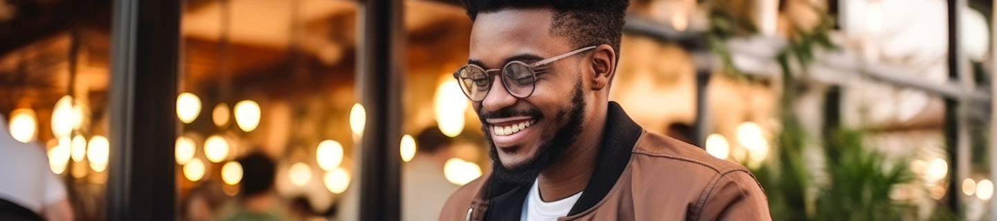 Man smiles at a computer in a cafe