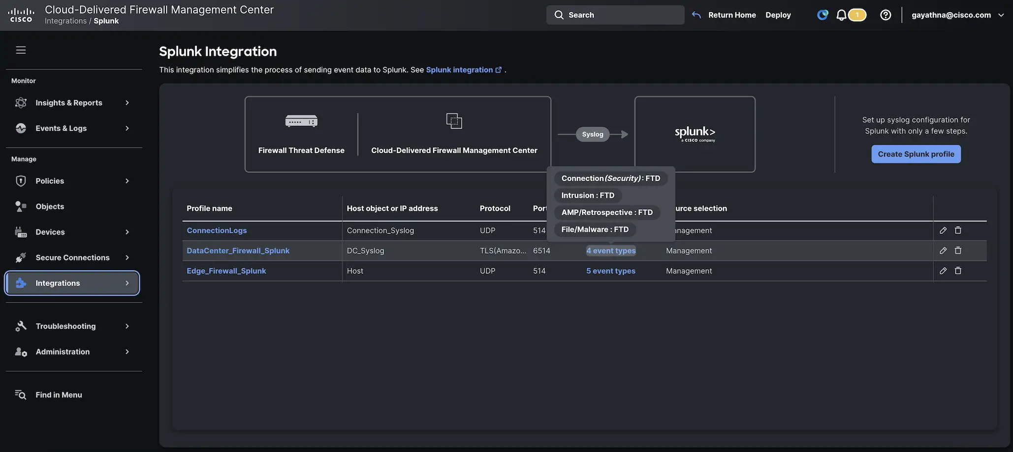 Splunk integration in the Cloud-Delivered Firewall Management Center