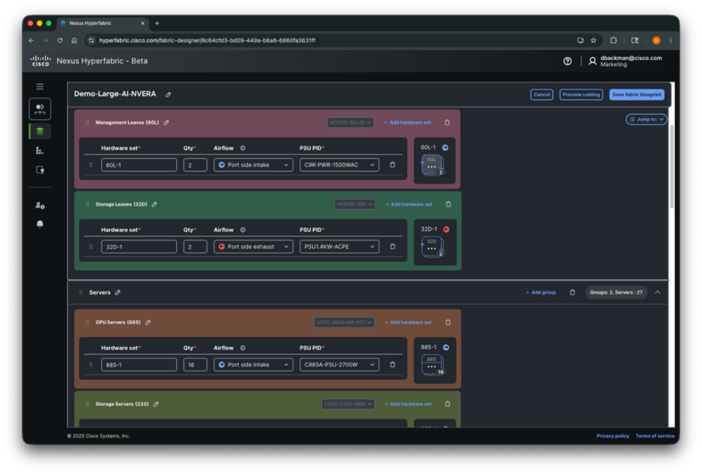 A screenshot of the Cisco Nexus Hyperfabric web interface in beta, showing a design canvas for an AI infrastructure blueprint. The interface displays sections for "Management Leaves," "Storage Leaves," and "Servers" (including GPU Servers), each with options to specify hardware sets, quantity, airflow, and PSU details. This visualizes the one-click design of an NVIDIA Enterprise Reference Architecture from a template.