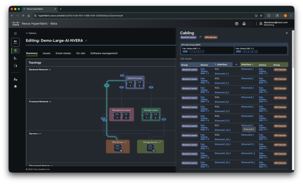 A screenshot of the Cisco Nexus Hyperfabric web interface, displaying the "Cabling" tab. On the left is a network topology diagram illustrating connections between "Backend Leaves," "Management Leaves," "Storage Leaves," and "GPU Servers." The right panel shows a detailed table listing automated cabling instructions, including device names, interfaces, and groups, demonstrating how complex interconnect cabling is generated and documented.