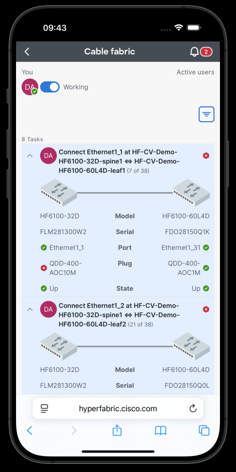 A mobile phone screen displaying the "Cable fabric" interface of the Cisco Hyperfabric On-site application. It shows a list of "8 Tasks," with two detailed tasks visible. Each task provides guided instructions for connecting specific Ethernet ports between two devices (HF6100-32D and HF6100-60L4D), including model, serial, port, plug, and connection state with green checkmarks indicating successful connections. This illustrates the automated Day-1 deployment guidance for installers.