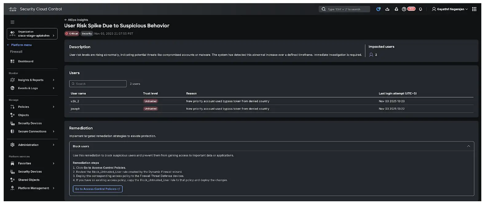 AIOps Security Insights provides visibility into risky users