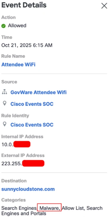 Secure Access log categorizing the destination as malware