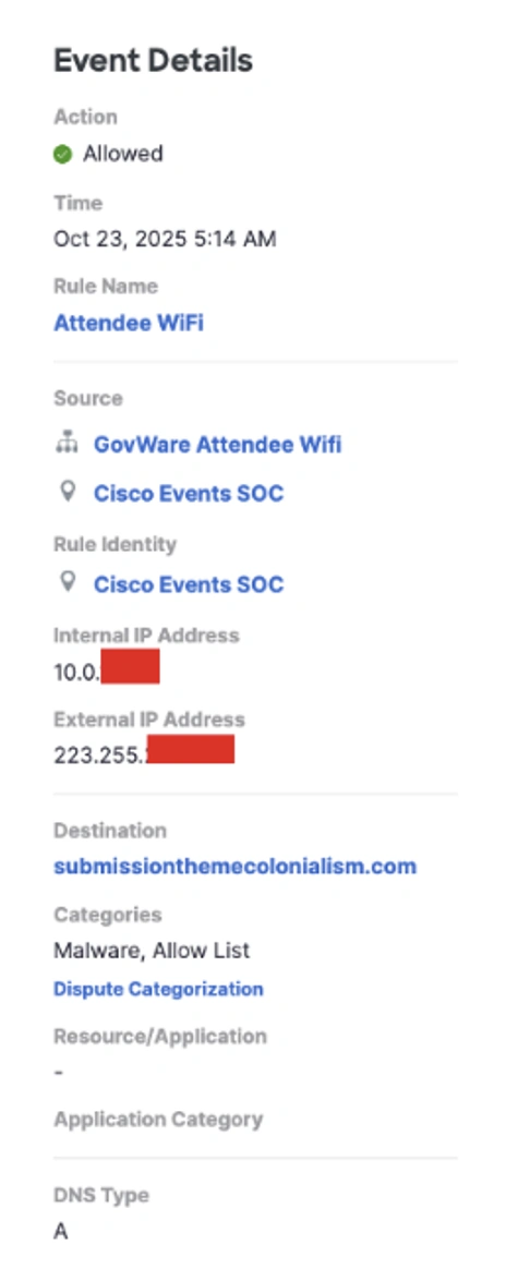 Secure Access log categorizing the destination as malware