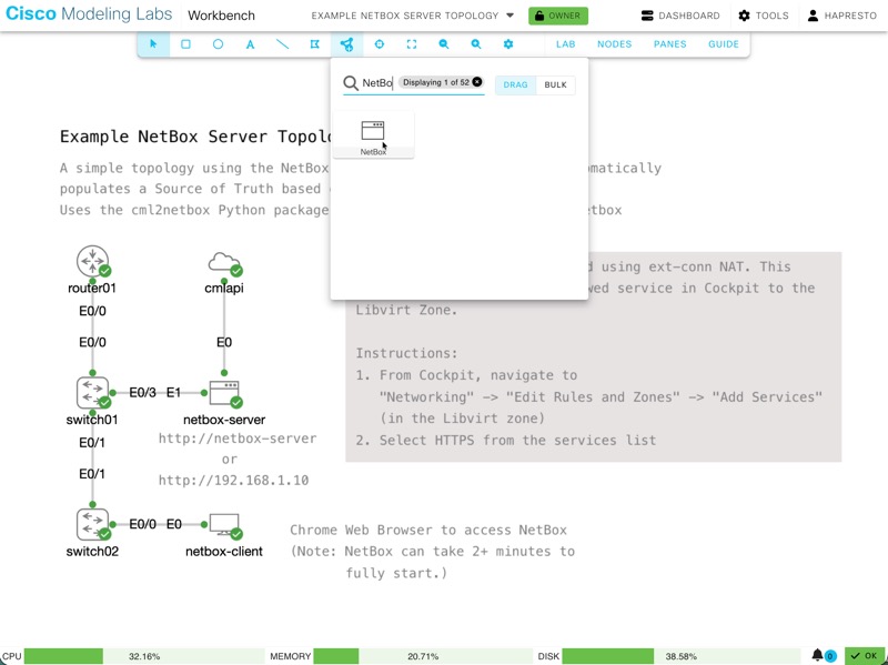 Showing the new NetBox node for CML in the web GUI