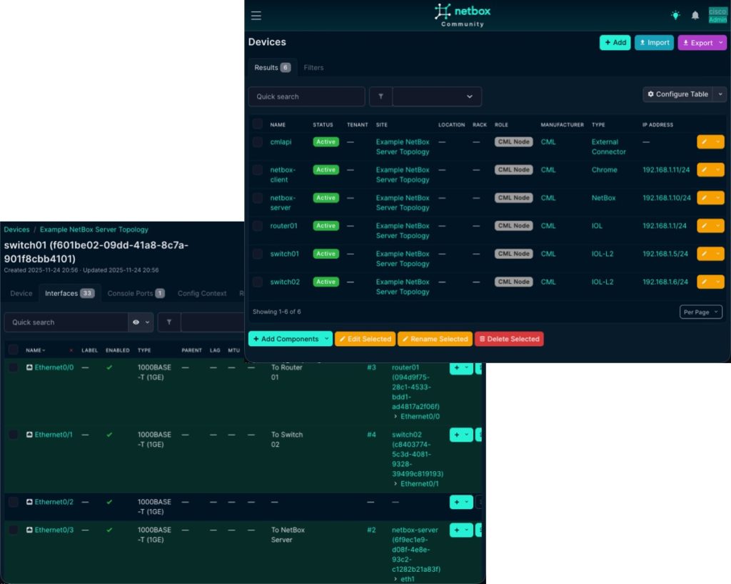 Showing the NetBox web interface with data auto populated from CML