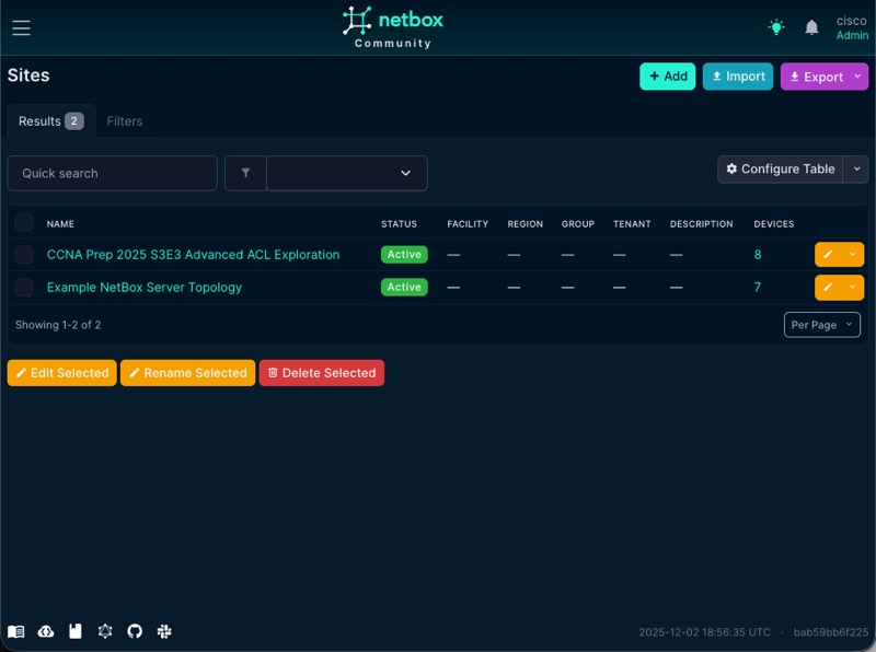 Sites view of the NetBox web interface showing two sites, one for each CMl topology synchronized.