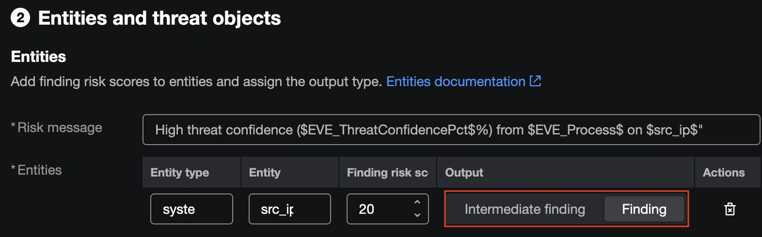 Entity and threat object risk message screen