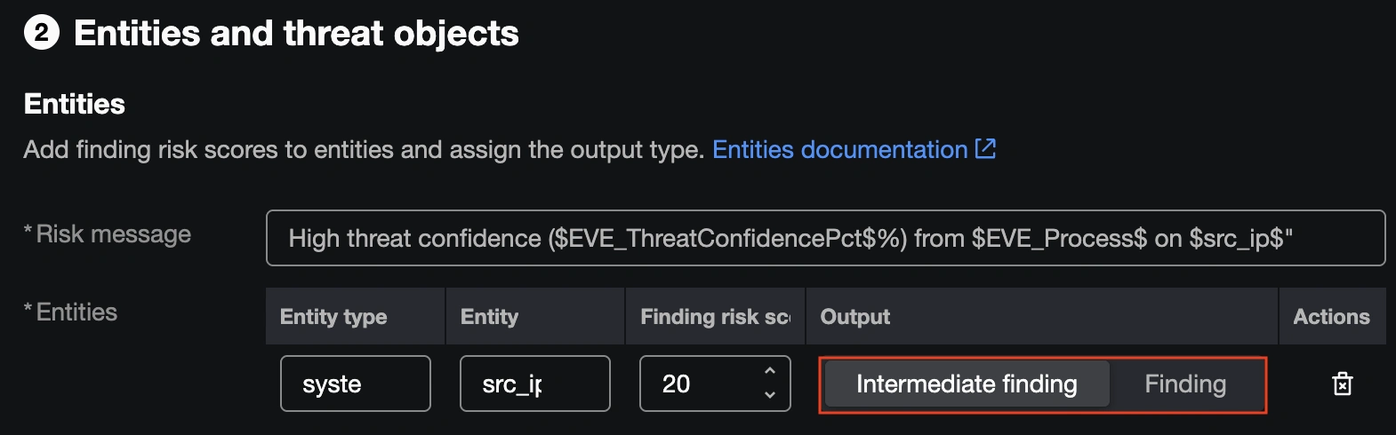 Entities and threat objects screen