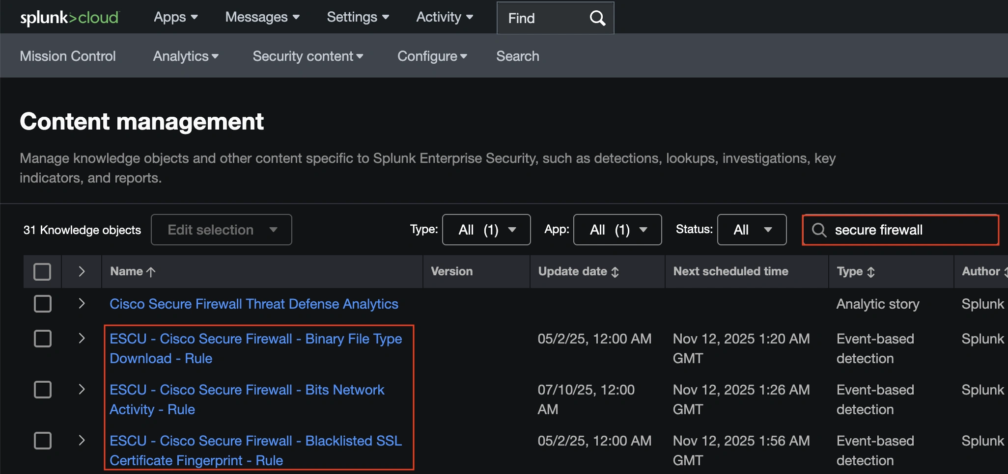 Splunk content management firewall search