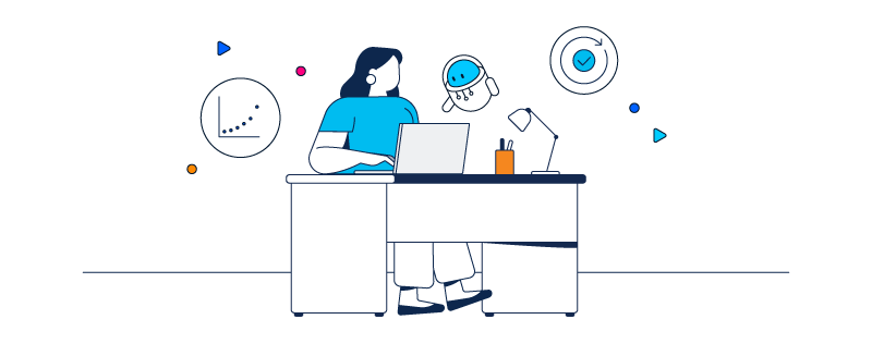 An illustration of a woman working on a laptop with a small floating AI robot assistant, surrounded by icons representing data growth and successful task completion.