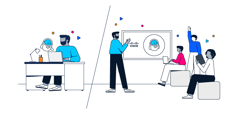 A split illustration showing an employee using AI at a desk on the left, and a leader presenting AI tools to an engaged group of colleagues on the right.