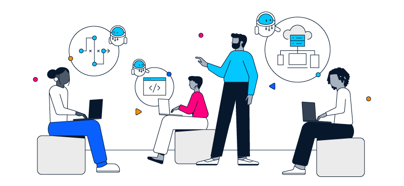  An illustration of diverse employees working on laptops with floating icons representing coding, workflows, and cloud infrastructure, assisted by small AI robots.