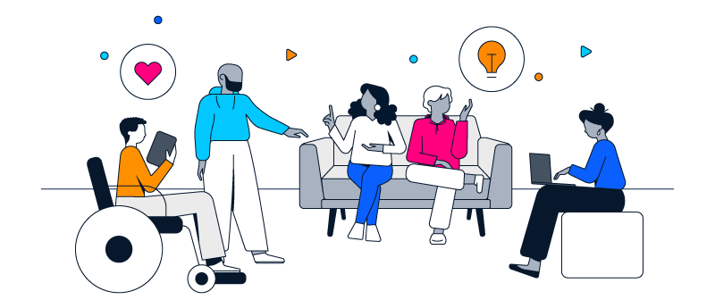 An illustration of a diverse group of colleagues collaborating in a comfortable workspace, featuring icons of a heart and a lightbulb to represent a positive and innovative culture.