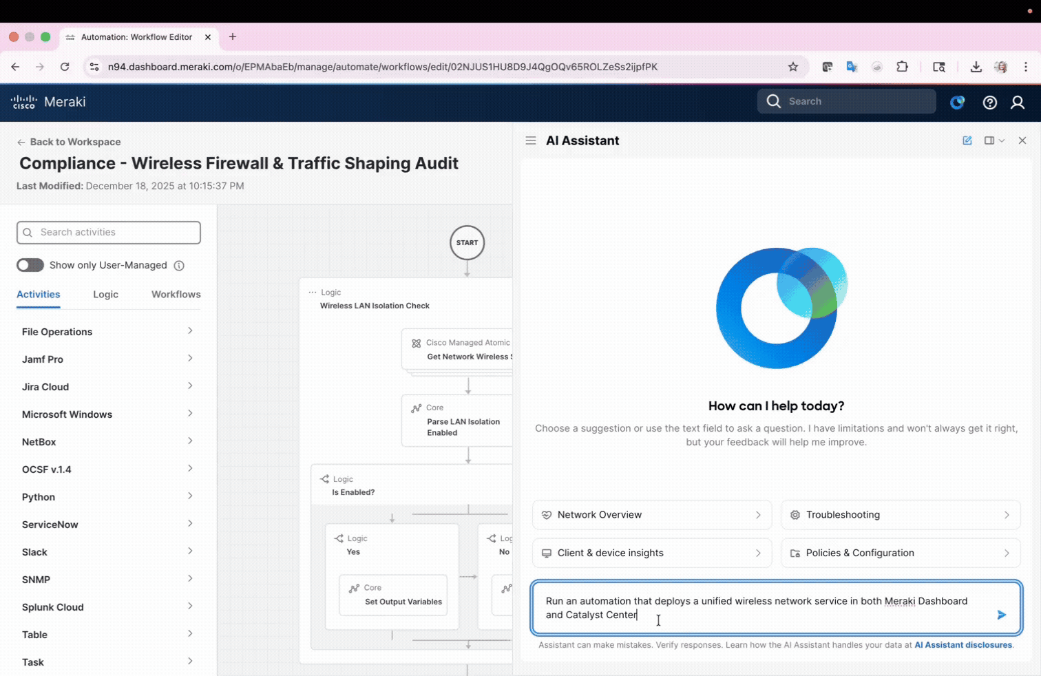 Interface do AI Assistant exibindo um fluxo de trabalho em duas etapas para implantação de serviço de rede unificada sem fio no Meraki e no Catalyst Center, solicitando a confirmação do usuário.
