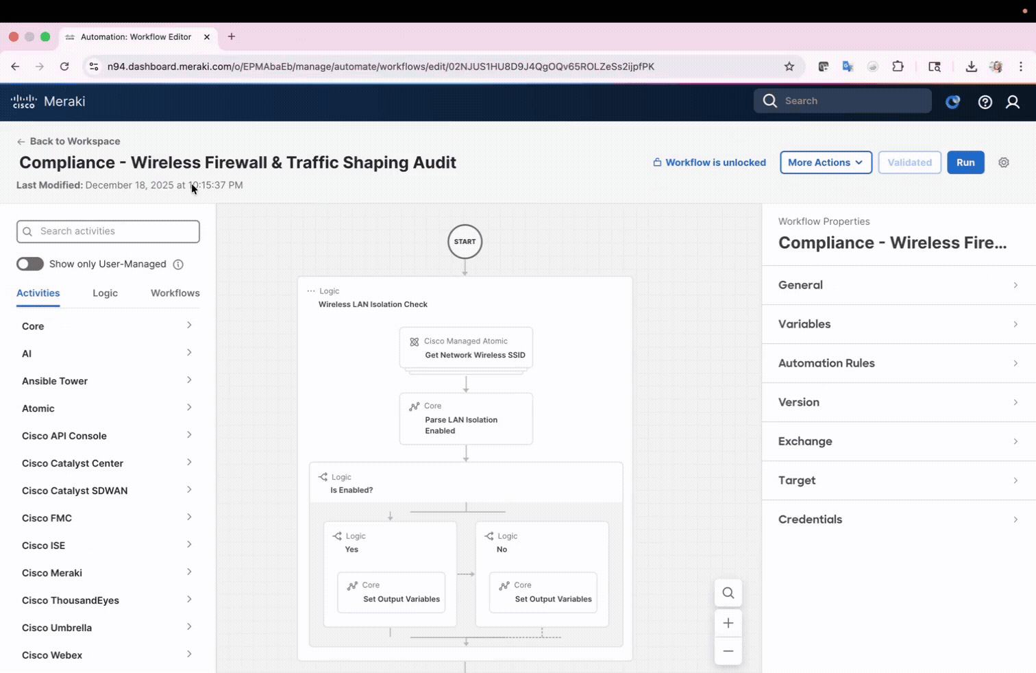 Interface do construtor de fluxo de trabalho Cisco Meraki mostrando um fluxograma de implantação de serviço de rede sem fio unificado com caminhos paralelos para implantação do Meraki e Catalyst Center e análise de IA.