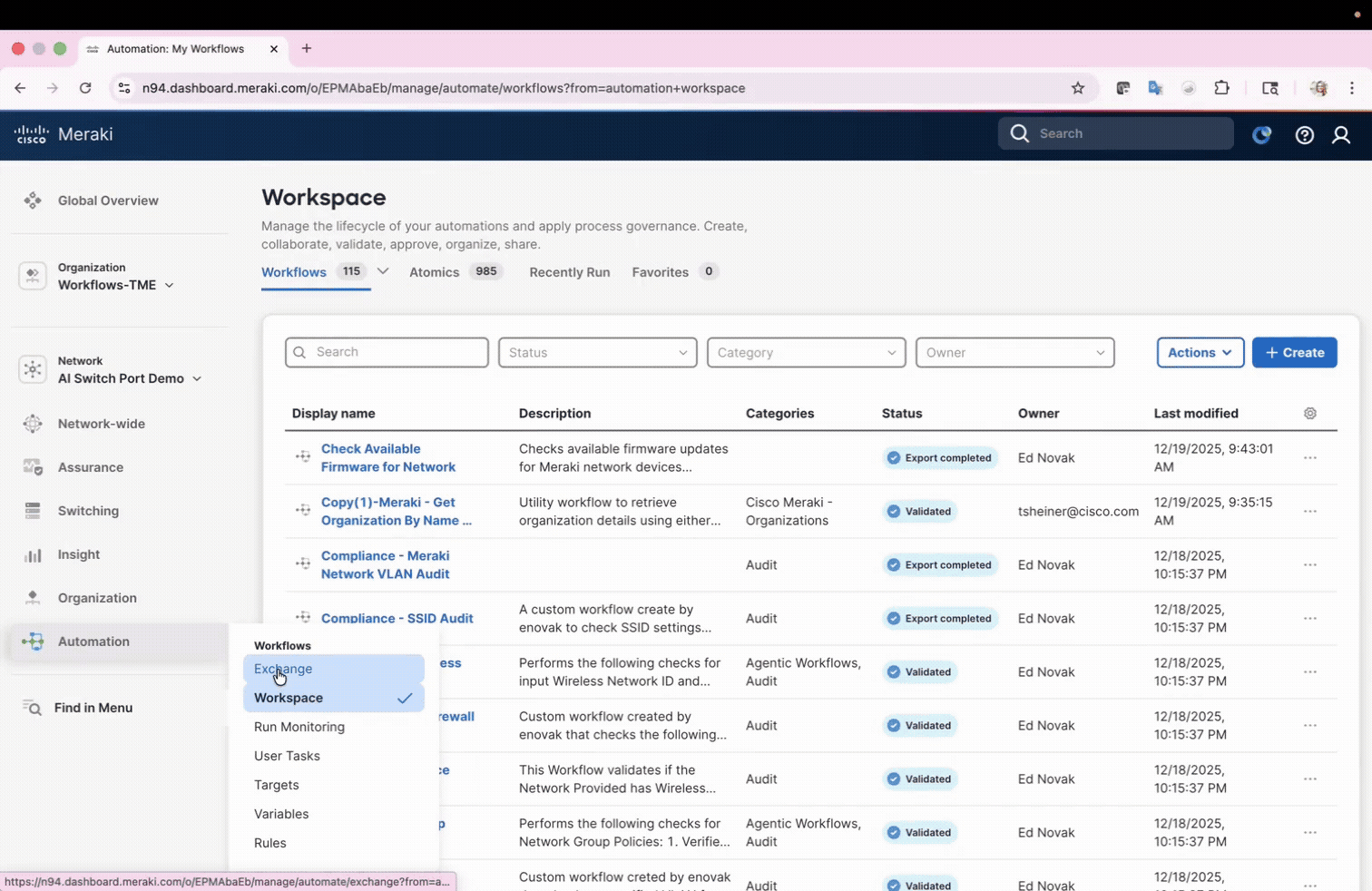 O menu da barra lateral esquerda mostra 'Exchange' como a opção selecionada na categoria 'Workflows'. Interface intitulada 'Popular' exibindo quatro cartões de fluxo de trabalho. 