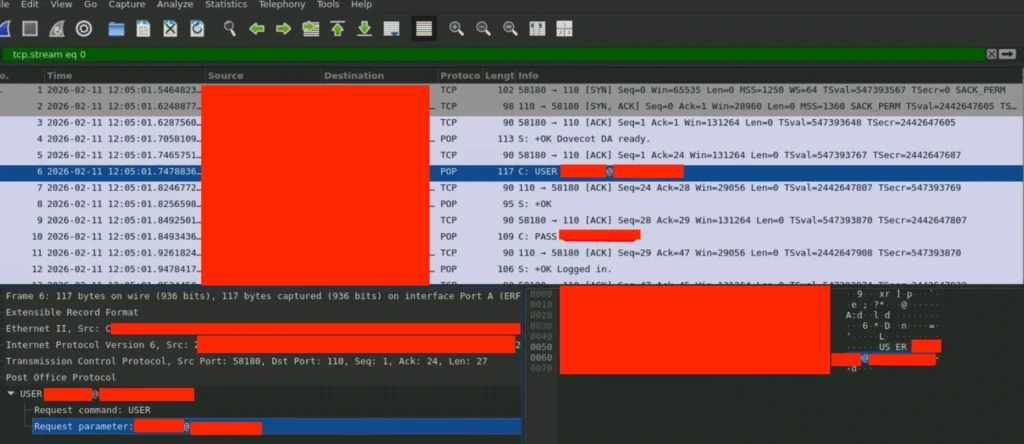 POP3 TCP stream showing plaintext credentials