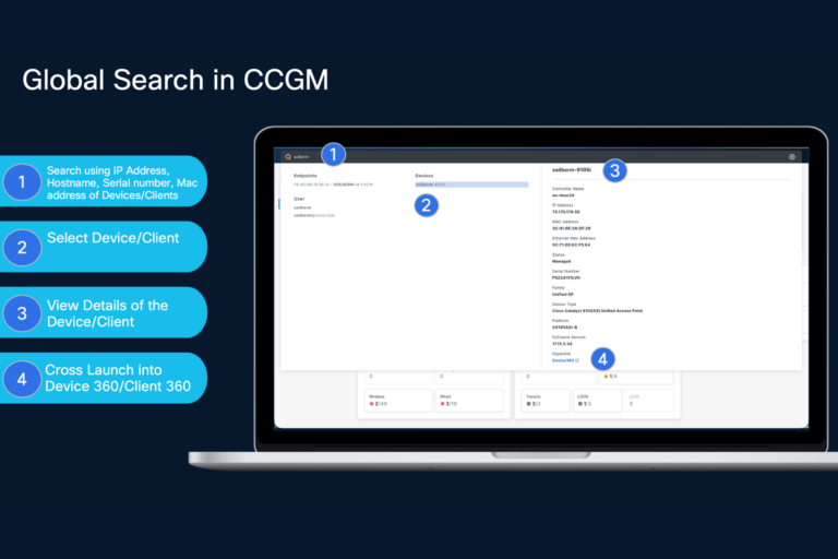 Image of the Global Search capability to locate any device or client across Catalyst Center instances