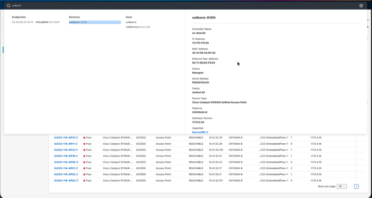 Image of the Global Search capability to locate any device or client across Catalyst Center instances