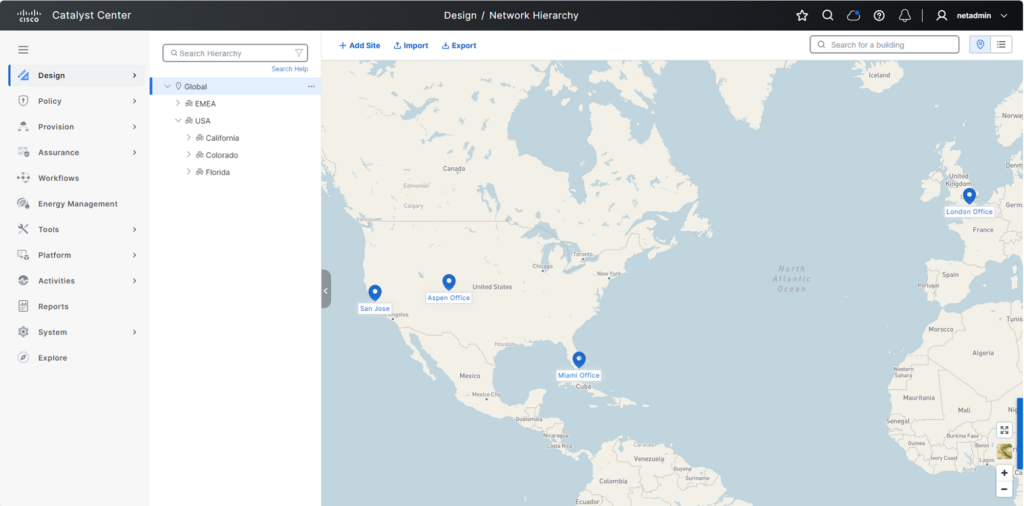 Cisco Catalyst Center design page showing a map with pins for the San Jose, Aspen, Miami, and London offices.