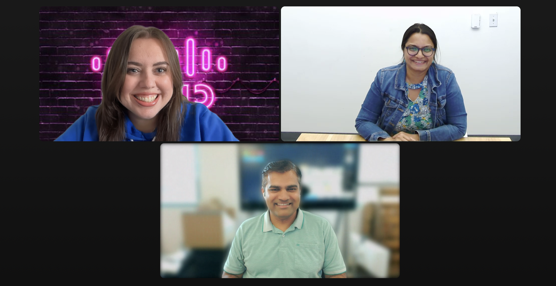 Three colleagues smiling during a virtual meeting, shown in a video call layout with different backgrounds.