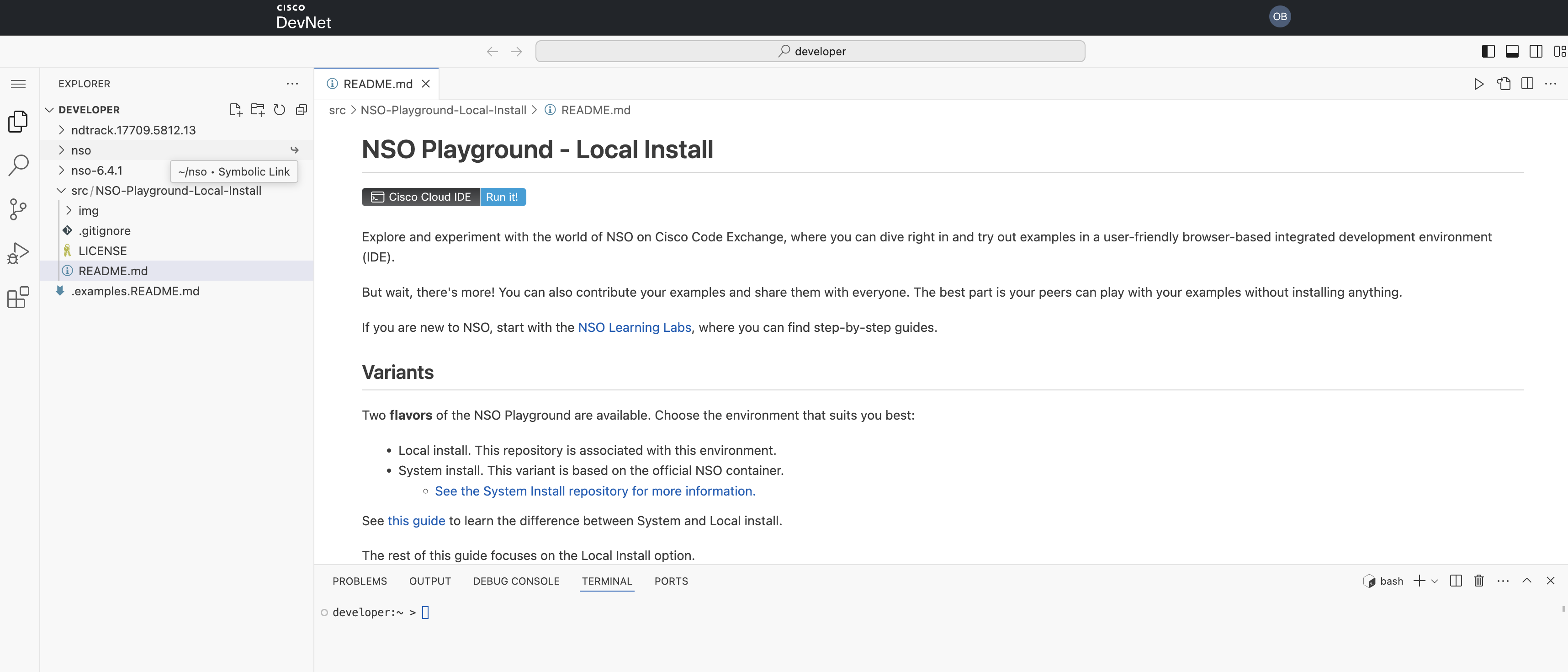 Updated Cloud IDE interface with the repository README opened by default