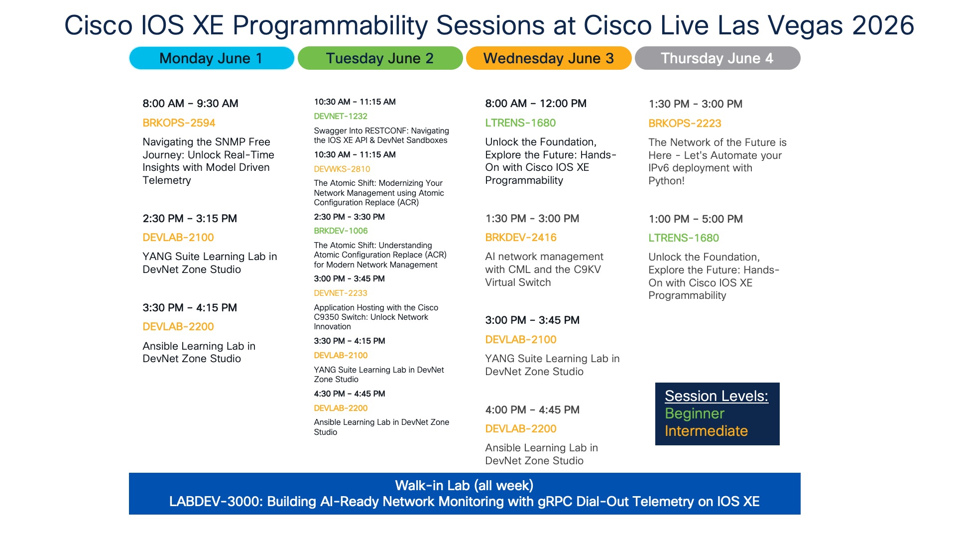 Cisco IOS XE Programmability Sessions at Cisco Live Las Vegas 2026