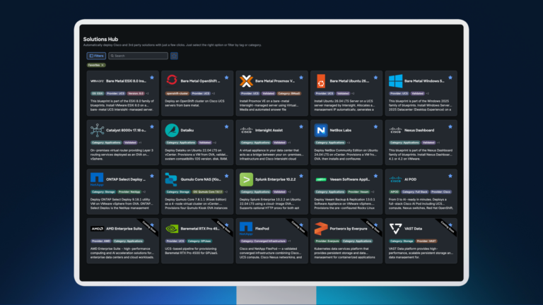 Solutions Hub dashboard showing a grid of deployable technology solution cards, including Cisco and third-party options.