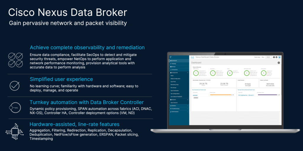 Cisco Nexus Data Broker dashboard on a laptop. Features: complete observability, simplified UX, end-to-end automation, and hardware-assisted features.