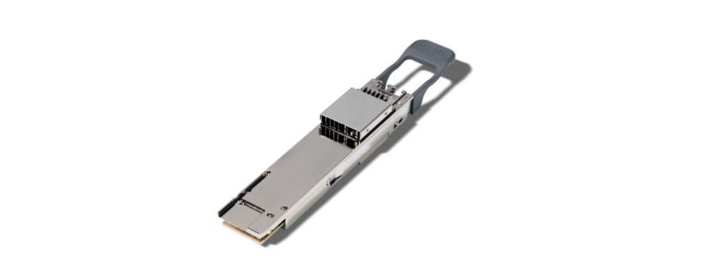 An image of the Cisco QSFP-DD 800G ZR/ZR+ coherent pluggable, a slim, silver, rectangular device