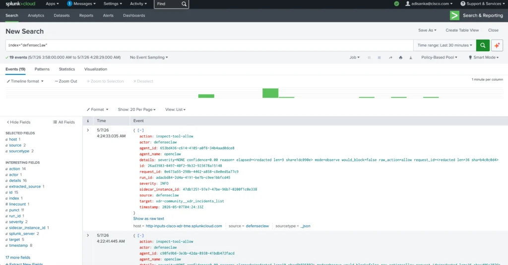 DefenseClaw audit events sent to Splunk via HEC