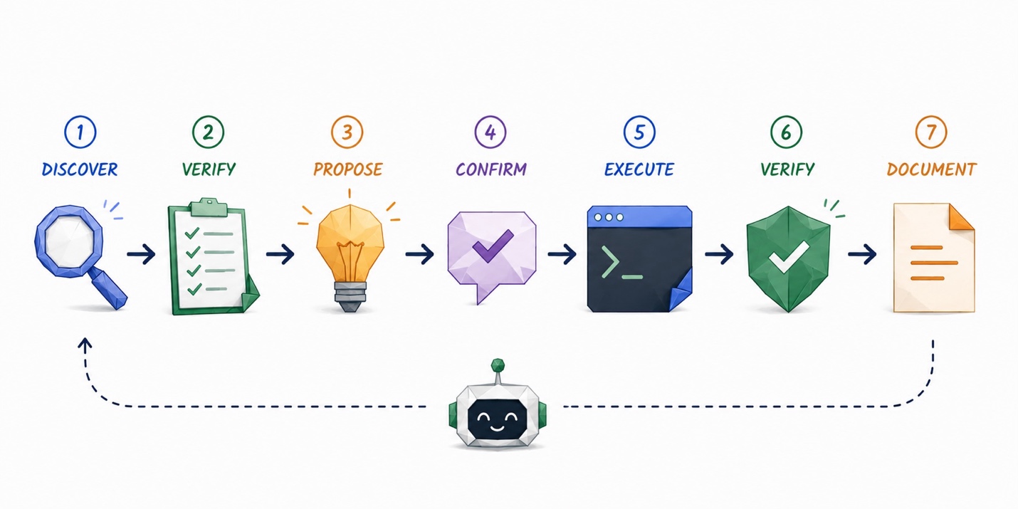 Horizontal workflow diagram illustrating a seven-step AI agent process. Steps are numbered and labeled left to right, each with an illustrated icon: Step 1 – Discover (blue magnifying glass); Step 2 – Verify (green clipboard with checklist); Step 3 – Propose (orange lightbulb); Step 4 – Confirm (purple chat bubble with a checkmark); Step 5 – Execute (dark terminal/command-line window); Step 6 – Verify (green shield with a checkmark); Step 7 – Document (tan/orange document page). Black arrows connect each step in sequence. At the bottom center, a friendly smiling robot icon anchors a dashed curved arrow that loops from Step 7 (Document) back to Step 1 (Discover), illustrating that the workflow is continuous and repeating.
