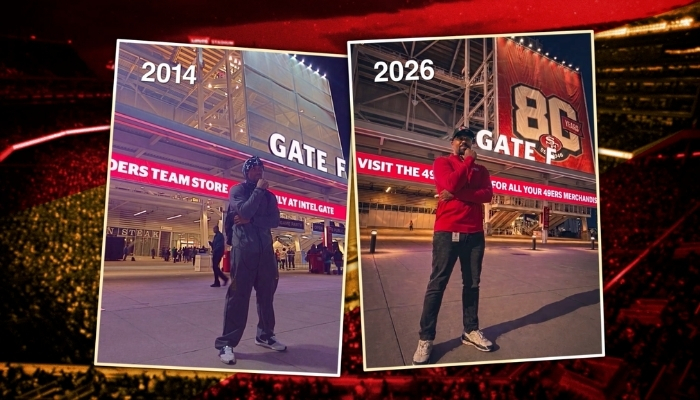 Two side-by-side photos of Michael Lowe outside a Levi's Stadium gate: labeled 2014 as a UC Berkeley football player, and 2026 as a Cisco Networking Academy apprentice with the San Francisco 49ers.