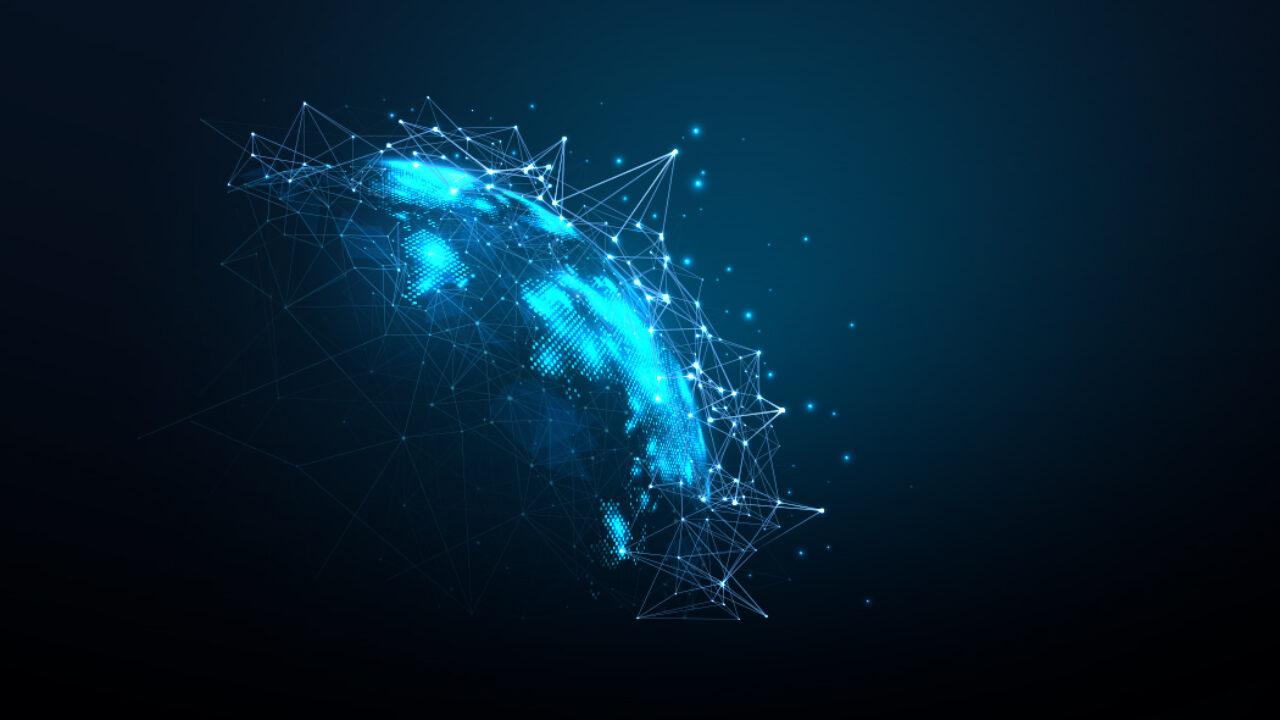 An abstract illustration of planet earth with a dark blue graphic with light blue patterns.
