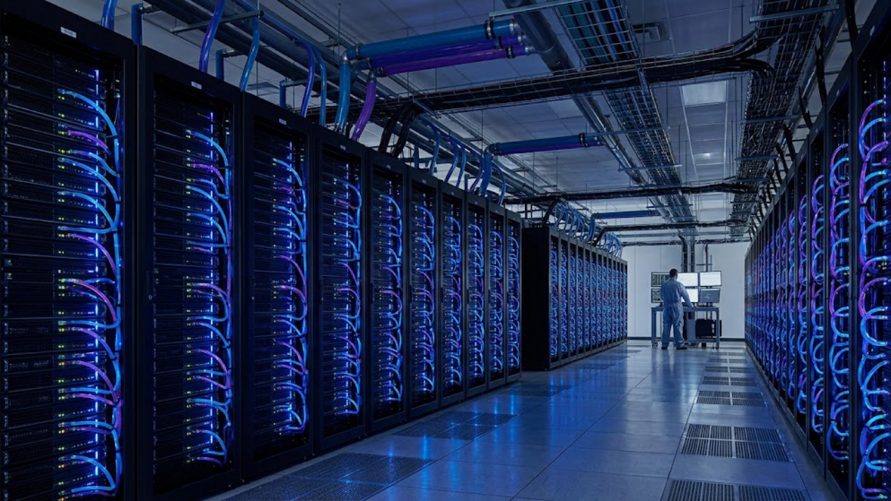A modern data center aisle featuring rows of black server racks illuminated by blue LED lights, with overhead cabling and a technician working at a workstation at the far end.