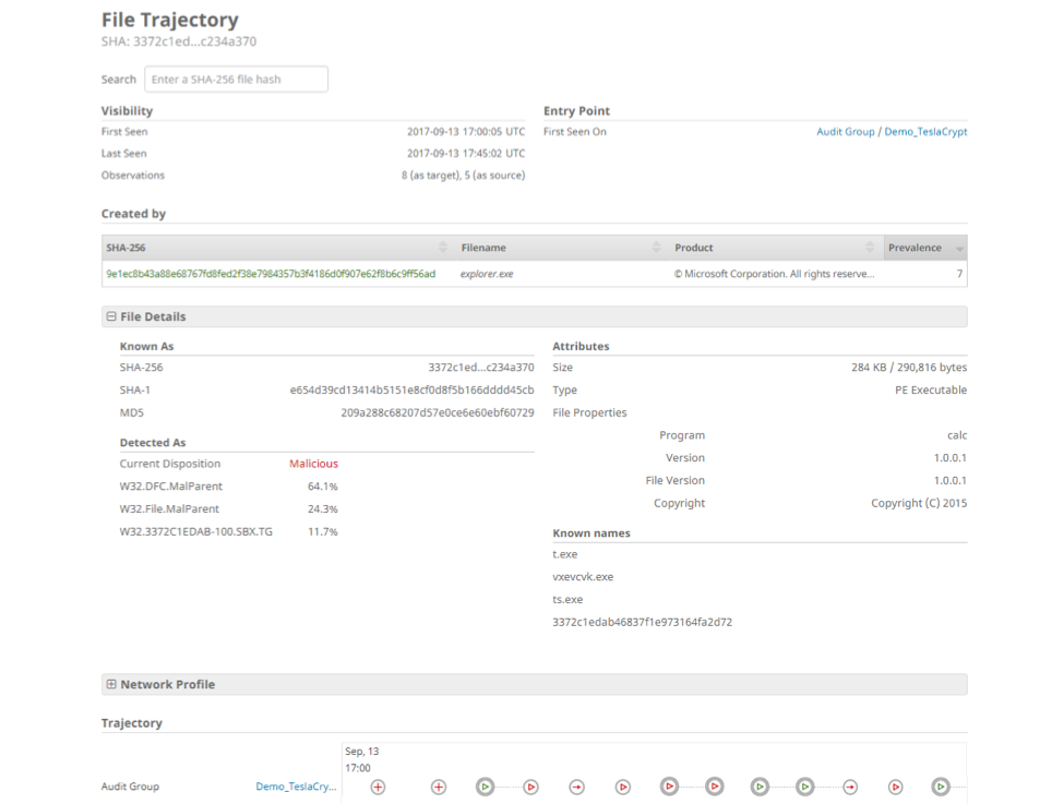 File Trajectory then lets you expand your view from the first endpoint that saw the threat, to all endpoints across your entire environment that also saw the threat.