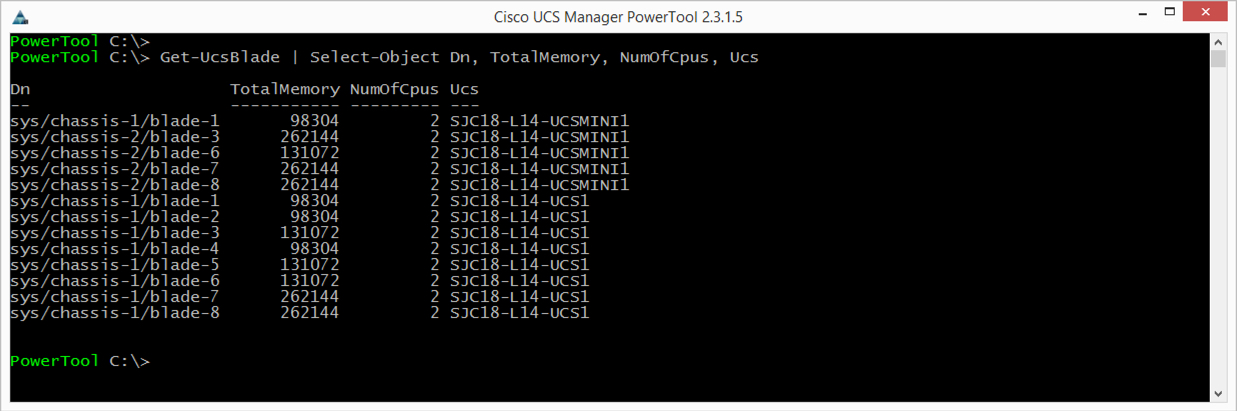 Get-UcsBlade | Select-Object Dn, TotalMemory, NumOfCpus, Ucs