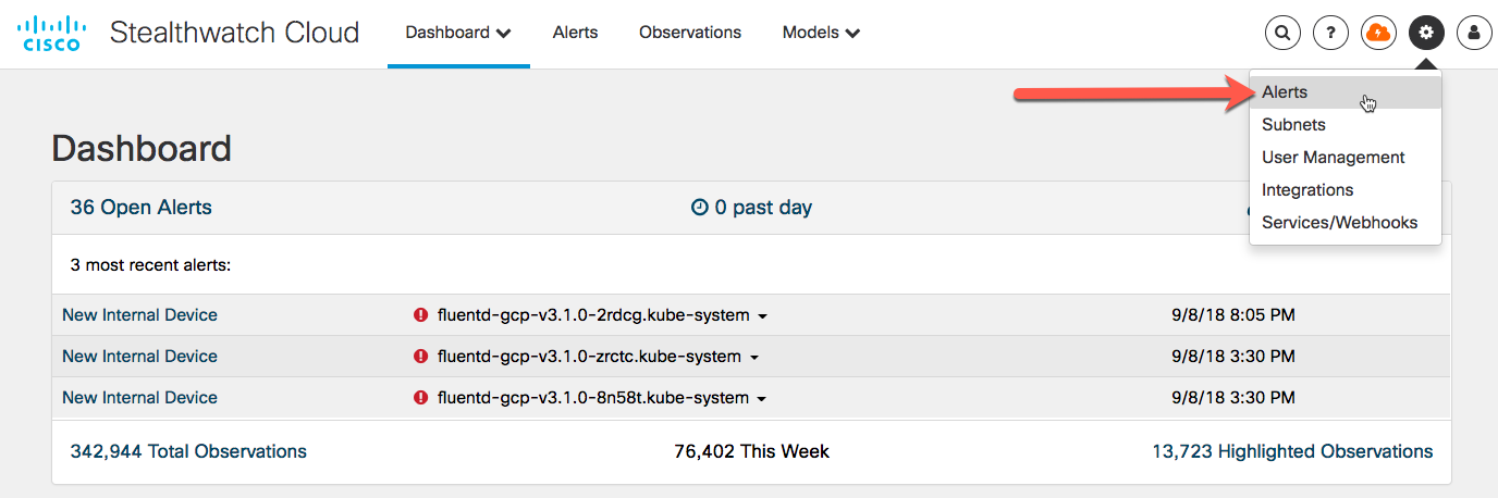 Navigate to Alerts from the main dashboard under the gear icon