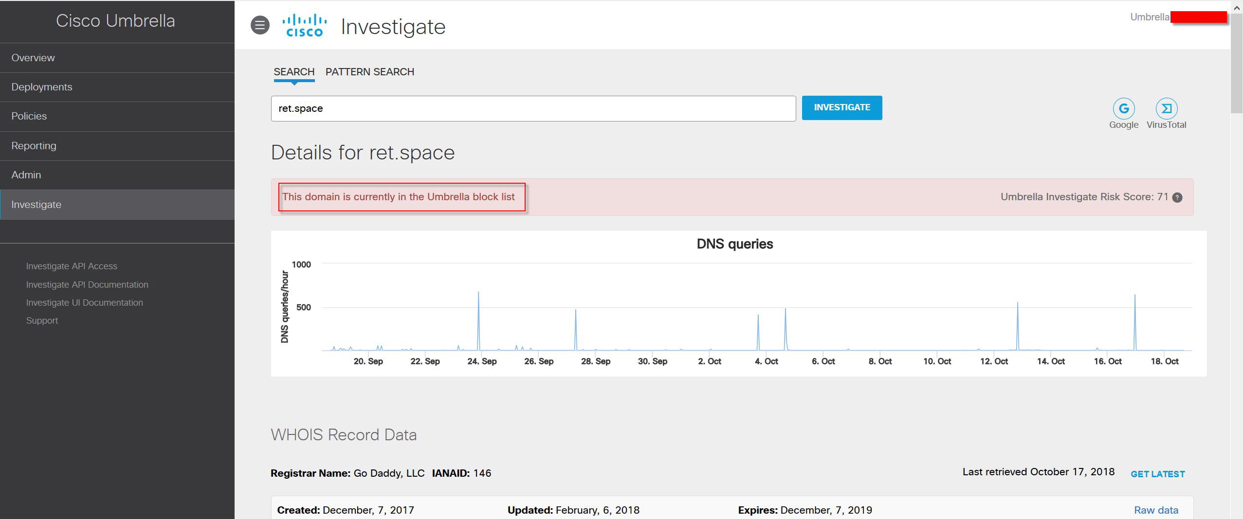 Cisco Umbrella - Investigate scren