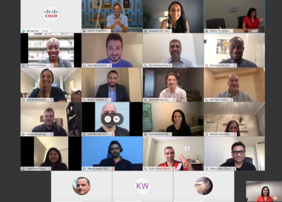 A screen grab of Burcu's team meeting with Chuck Robbins over Webex.