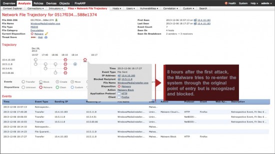 Figure 2h – The Firepower Management Center automatically modified the policy to prevent this Malware from ever traversing your enterprise again – and automatically defined the scope of the threat, identified patient-zero and other necessary forensic details than can be used by the Practitioner