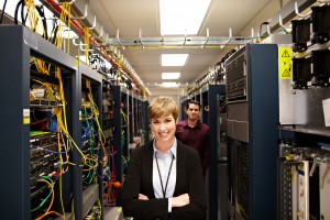 Girl and guy in high-tech area