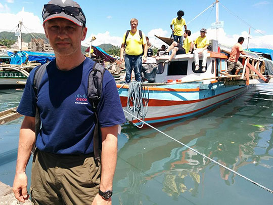 The author and his team leaving Tacloban by boat for the four-hour trip to the remote island community of Daram.